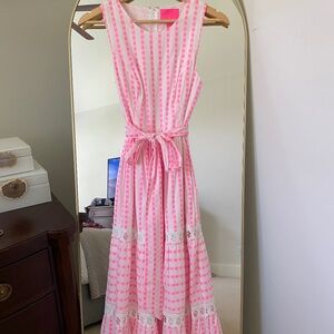 Lilly Pulitzer Marbella Midi Dress, Pink Isle Gingham Stripe, Size 0